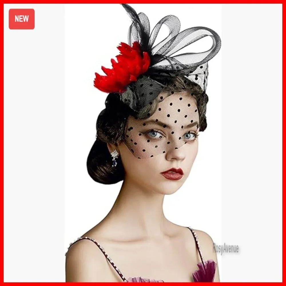 Vintage Feather Fascinator Hat with Veil - One Size Fits All Women